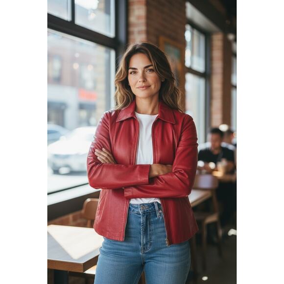 Athos Italian Red Leather Jacket Women Size 44, US Size 8 - Picture 5 of 9